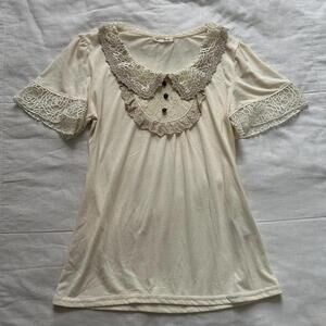 Axes Femme Cream lace bib short sleeve top with crochet Peter Pan collar detail